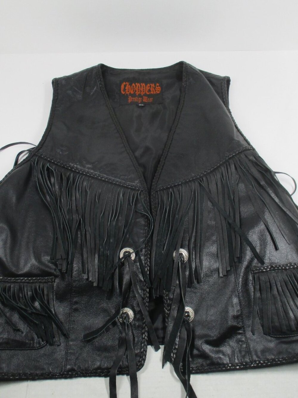 90s Vintage Black Leather Western Chopper Prestige Wear Fringe Vest  Horse XL